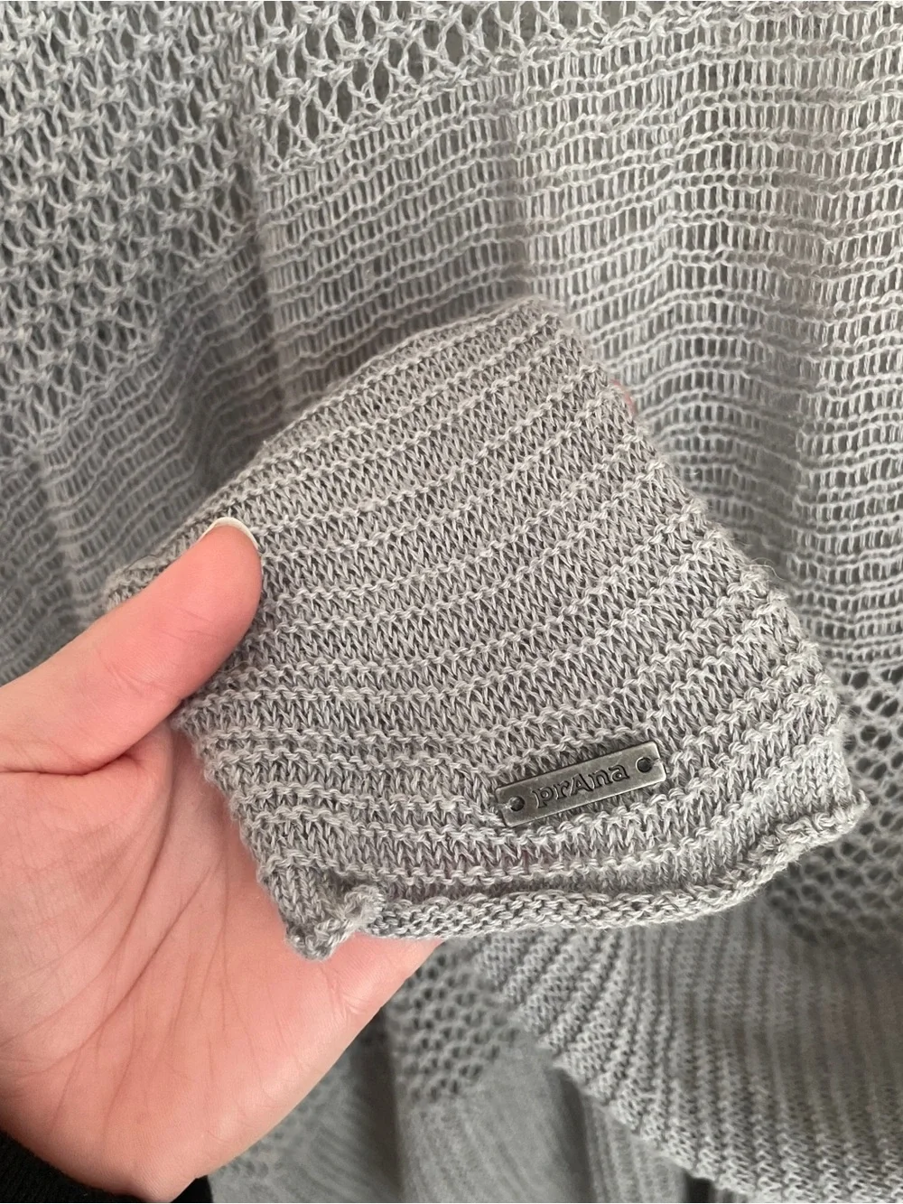 PrAna Sweater Open Knit V-Neck Gray Asymmetric Hem Mesh Panel Granola Gorpcore